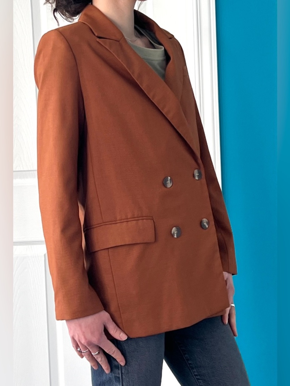 Brown with Rust Tone •Double-Breasted Blazer •Classic Work Wear •Minimalist - Picture 4 of 13